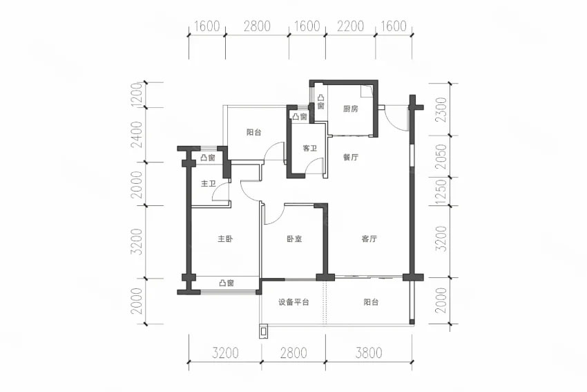 95平A2户型 2室2厅2卫